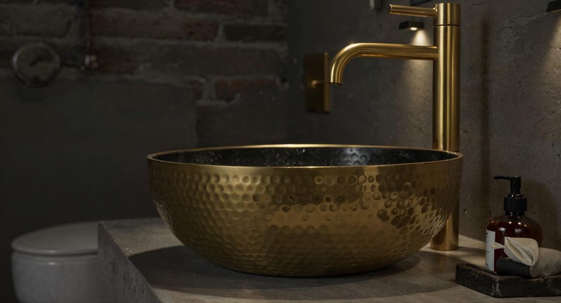 Hammered Brass Vessel Sink with Midnight Interior