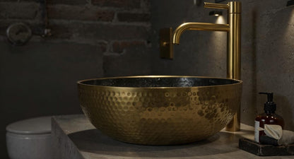 Hammered Brass Vessel Sink with Midnight Interior