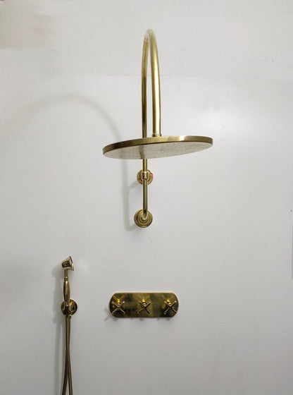 Artisan Unlacquered Brass Shower System with Curved Gooseneck Arm