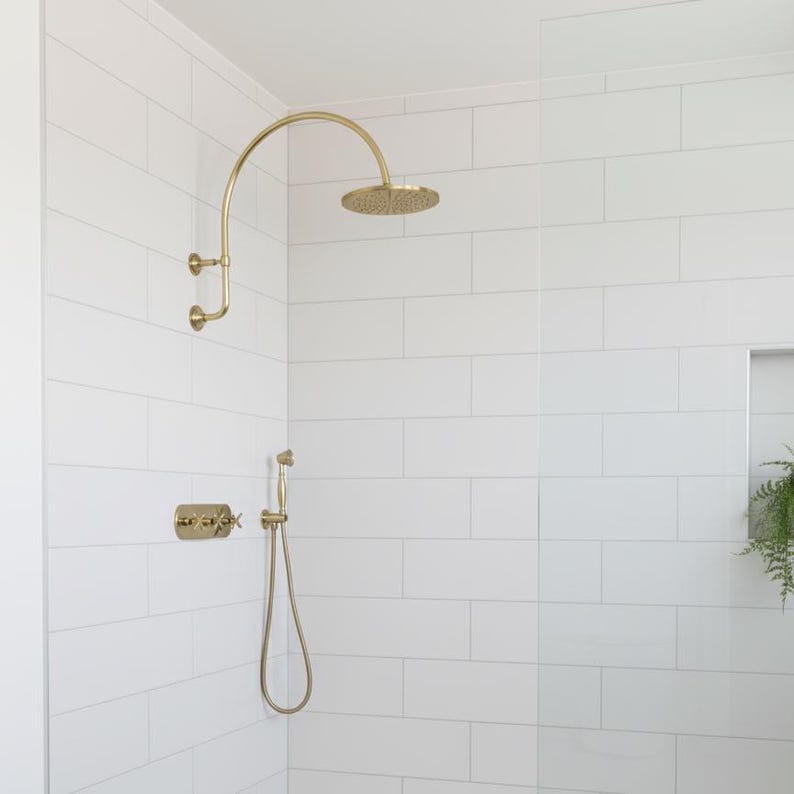 Artisan Unlacquered Brass Shower System with Curved Gooseneck Arm