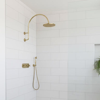 Artisan Unlacquered Brass Shower System with Curved Gooseneck Arm