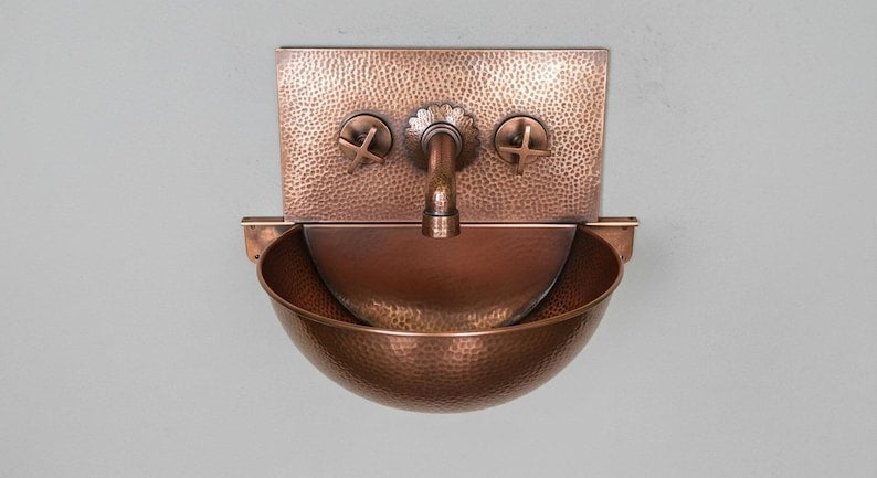 Hand-Hammered Moroccan Copper Wall-Mount Sink with Textured Backsplash