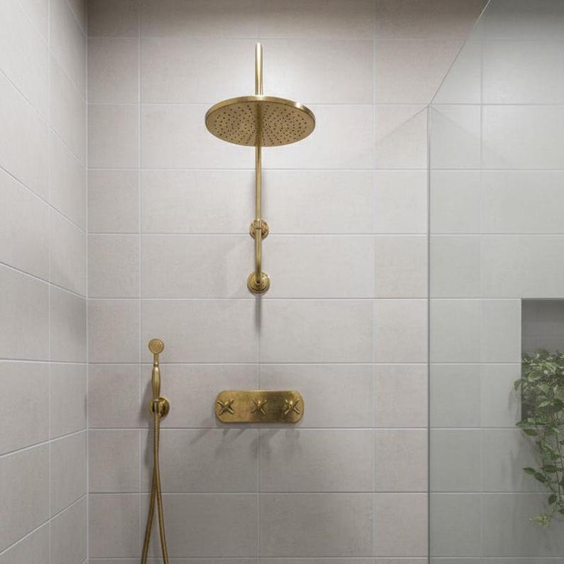 Artisan Unlacquered Brass Shower System with Curved Gooseneck Arm