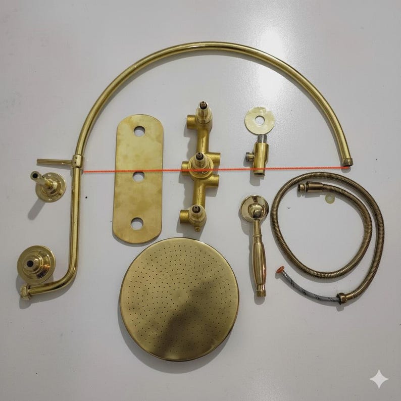 Artisan Unlacquered Brass Shower System with Curved Gooseneck Arm