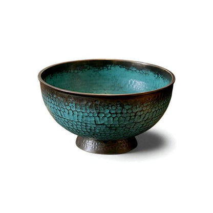 Footed Copper Vessel Sink with Teal Verdigris