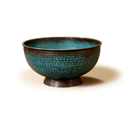 Footed Copper Vessel Sink with Teal Verdigris