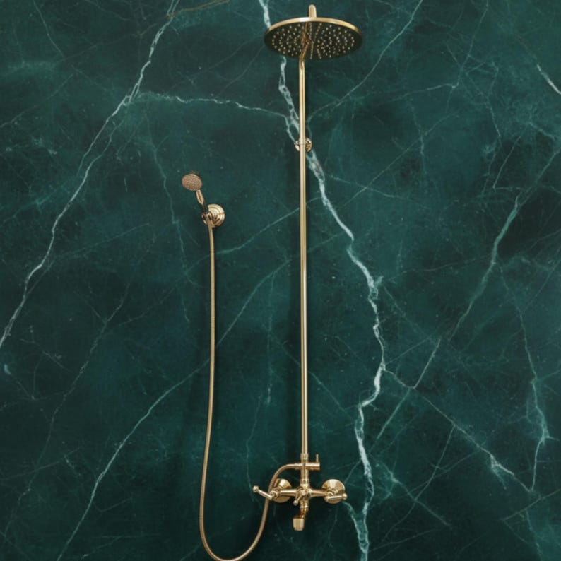 Exposed Unlacquered Brass Shower System with Handheld Spray