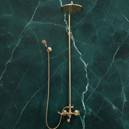 Exposed Unlacquered Brass Shower System with Handheld Spray