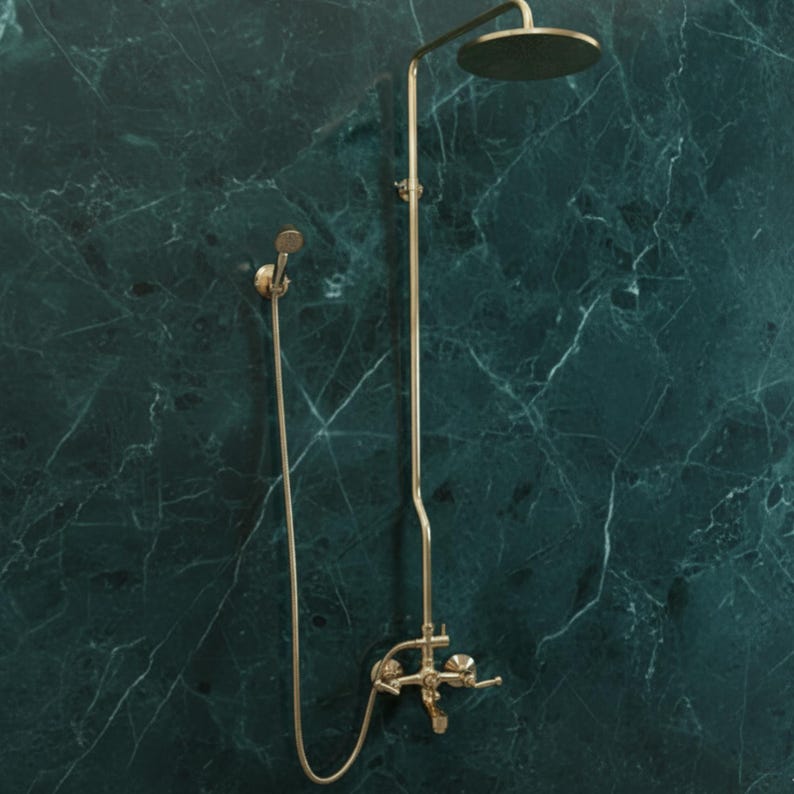 Exposed Unlacquered Brass Shower System with Handheld Spray