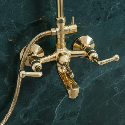 Exposed Unlacquered Brass Shower System with Handheld Spray