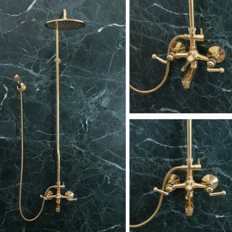 Exposed Unlacquered Brass Shower System with Handheld Spray