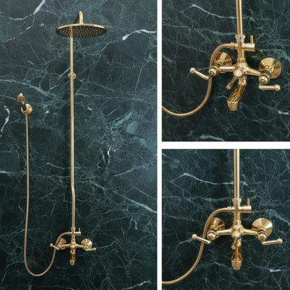 Exposed Unlacquered Brass Shower System with Handheld Spray