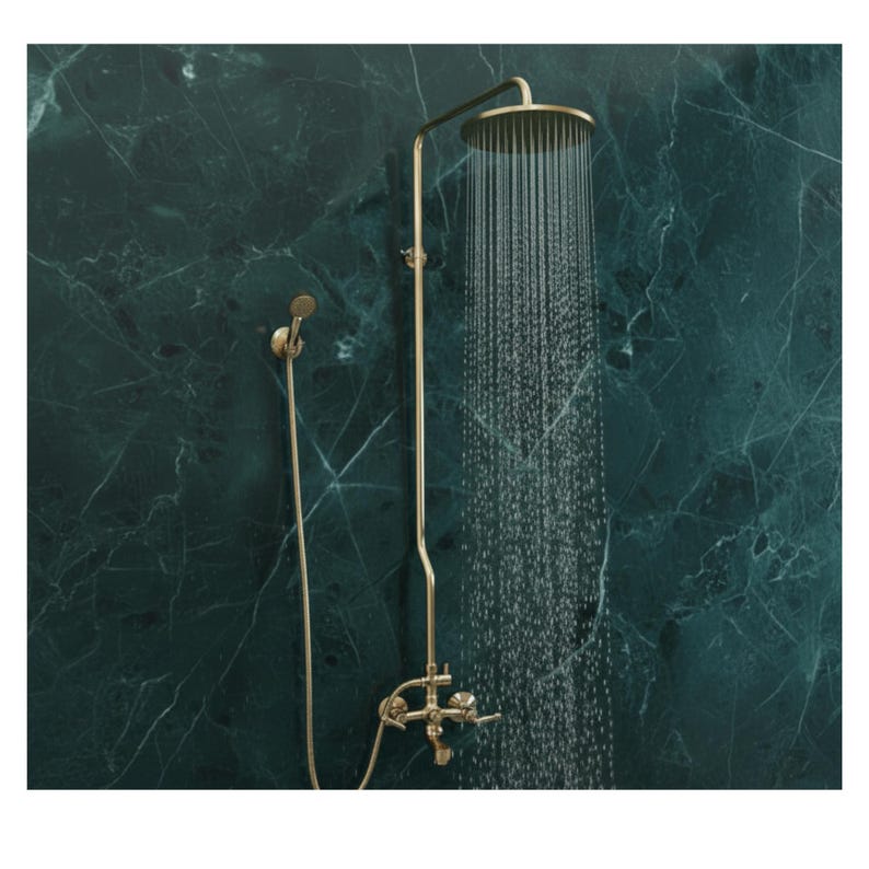Exposed Unlacquered Brass Shower System with Handheld Spray