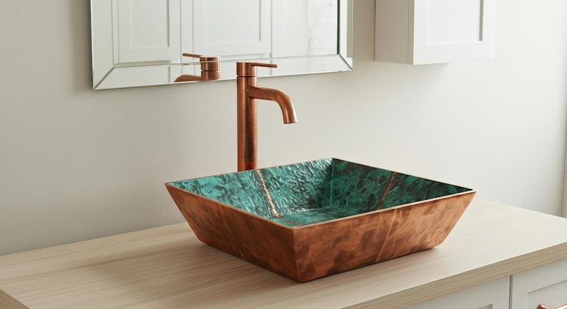 Square Verdigris Copper Vessel Sink