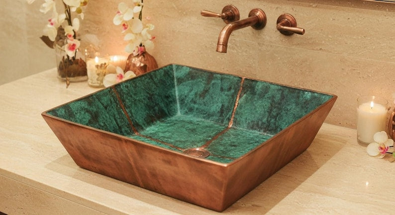 Square Verdigris Copper Vessel Sink