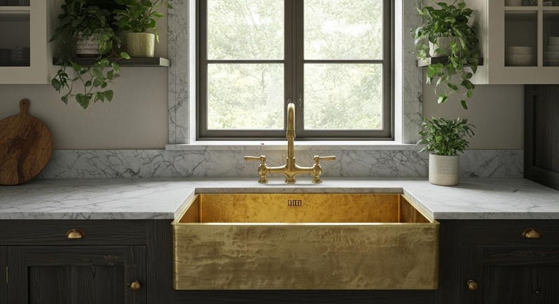 Unlacquered Brass Farmhouse Sink with Weathered Patina Finish