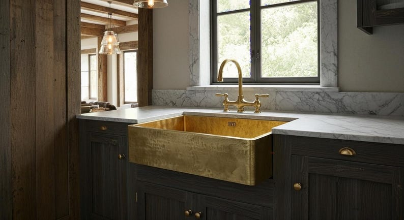 Unlacquered Brass Farmhouse Sink with Weathered Patina Finish