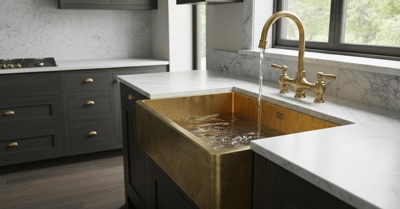 Unlacquered Brass Farmhouse Sink with Weathered Patina Finish