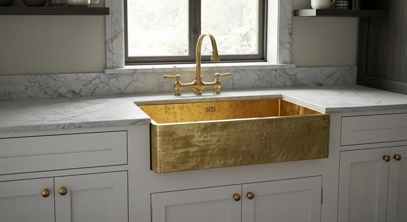 Unlacquered Brass Farmhouse Sink with Weathered Patina Finish