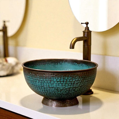 Footed Copper Vessel Sink with Teal Verdigris