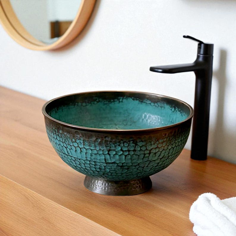 Footed Copper Vessel Sink with Teal Verdigris