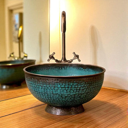 Footed Copper Vessel Sink with Teal Verdigris