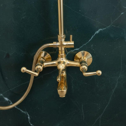 Exposed Unlacquered Brass Shower System with Handheld Spray