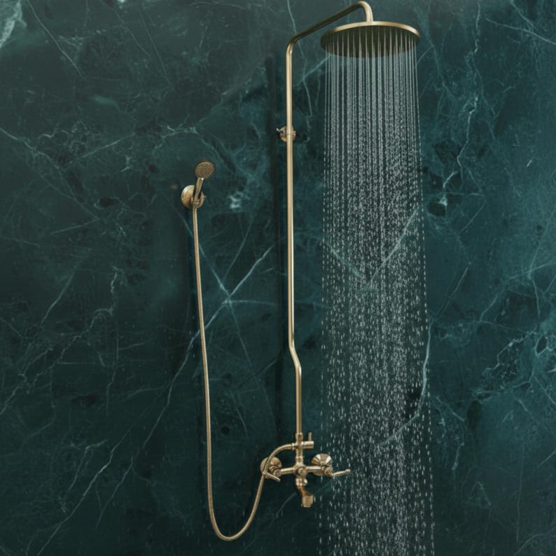 Exposed Unlacquered Brass Shower System with Handheld Spray