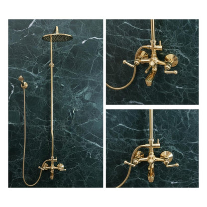 Exposed Unlacquered Brass Shower System with Handheld Spray