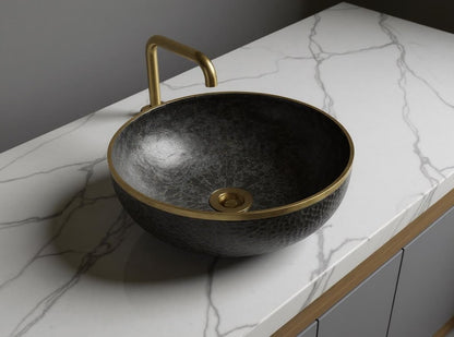 Matte Black Hammered Basin with Gold Rim