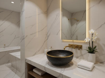Matte Black Hammered Basin with Gold Rim
