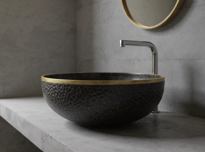 Matte Black Hammered Basin with Gold Rim