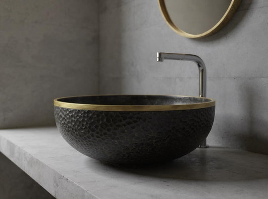 Matte Black Hammered Basin with Gold Rim
