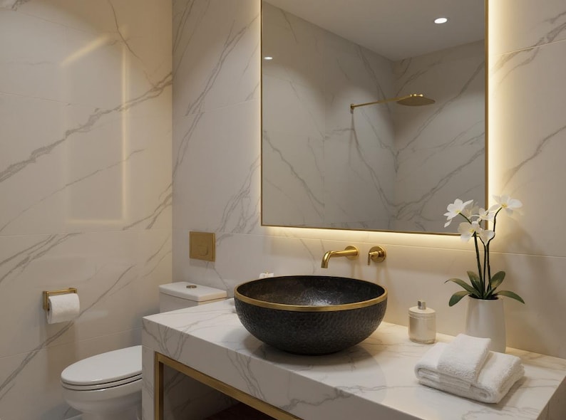 Matte Black Hammered Basin with Gold Rim