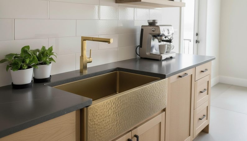 Modern Smooth Brass Apron-Front Sink in Satin Gold