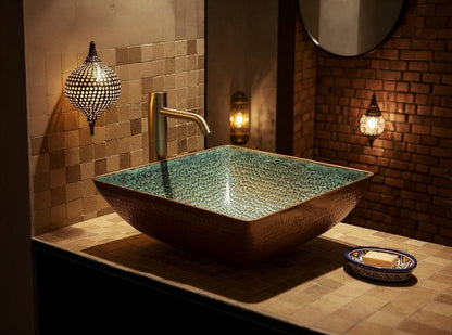 Square Hammered Copper Vessel Sink with Verdigris Interior