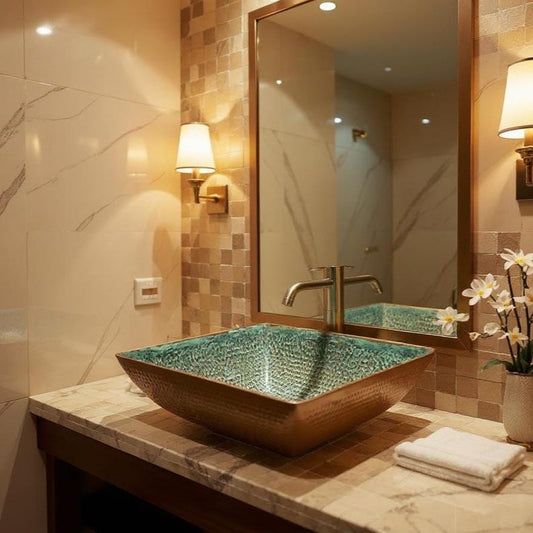 Square Hammered Copper Vessel Sink with Verdigris Interior