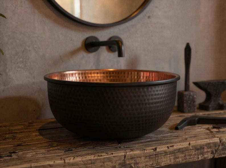 Handmade Black Hammered Copper Vessel Sink