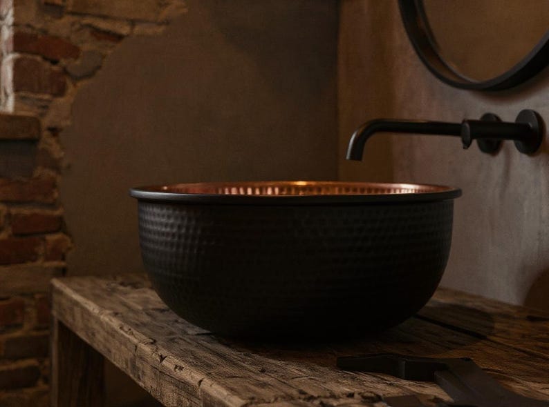 Handmade Black Hammered Copper Vessel Sink