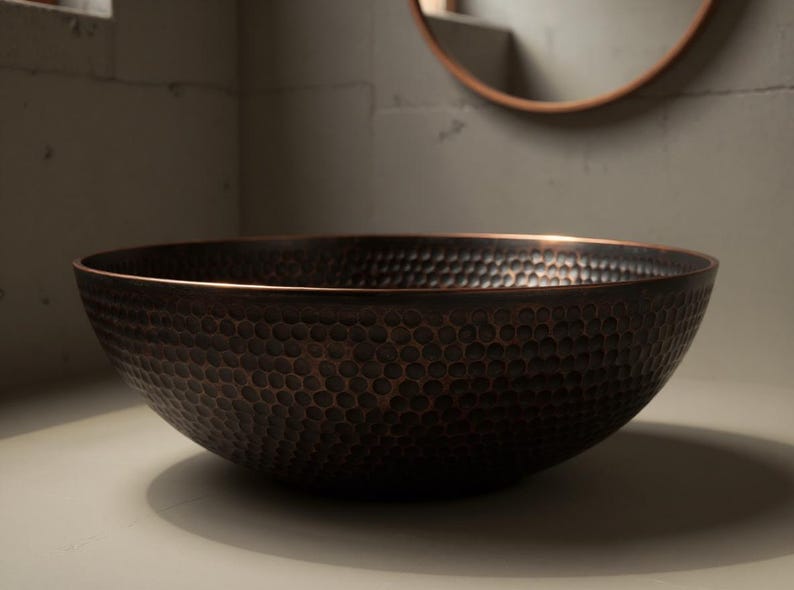 Hand-Hammered Antique Copper Round Vessel Sink