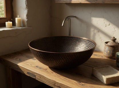 Hand-Hammered Antique Copper Round Vessel Sink