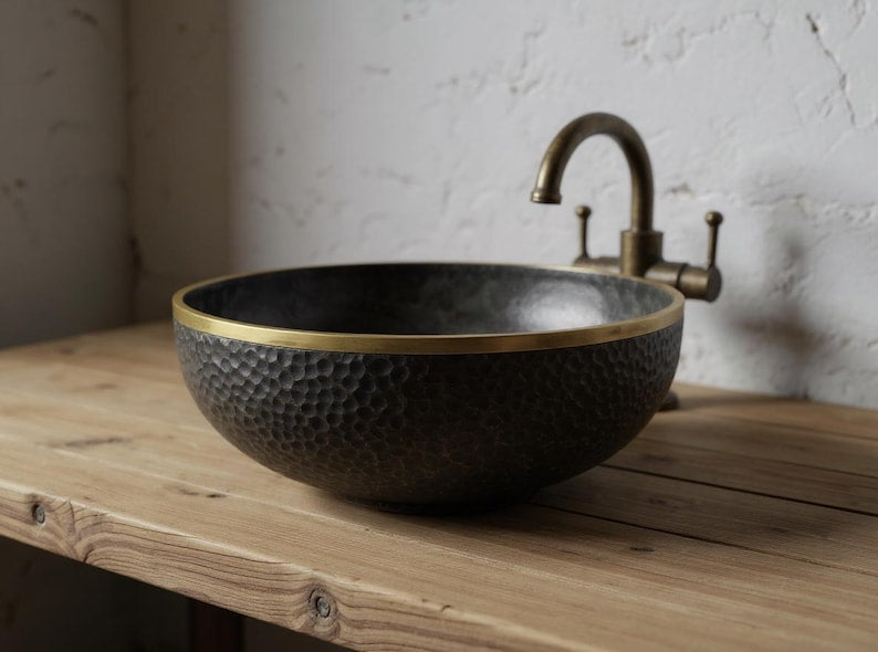 Matte Black Hammered Basin with Gold Rim