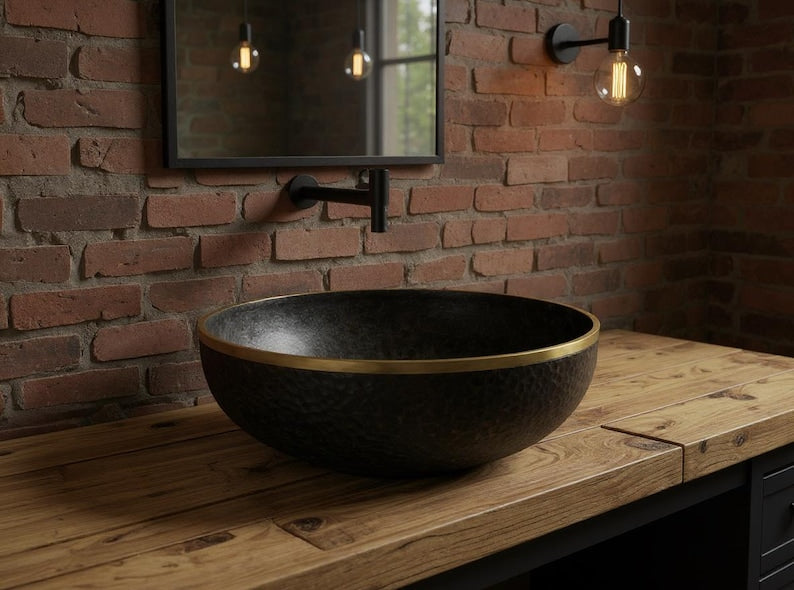 Matte Black Hammered Basin with Gold Rim