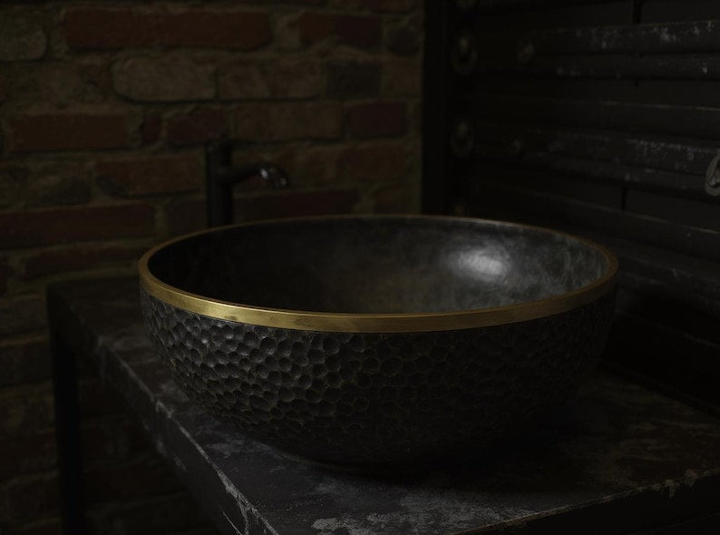 Matte Black Hammered Basin with Gold Rim