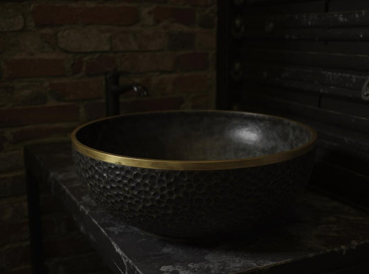 Matte Black Hammered Basin with Gold Rim