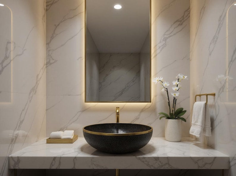 Matte Black Hammered Basin with Gold Rim