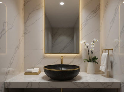 Matte Black Hammered Basin with Gold Rim