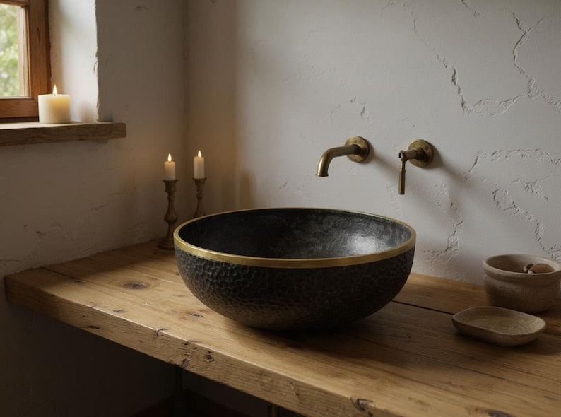 Matte Black Hammered Basin with Gold Rim