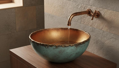 Verdigris Copper Vessel Sink with Gilded Interior