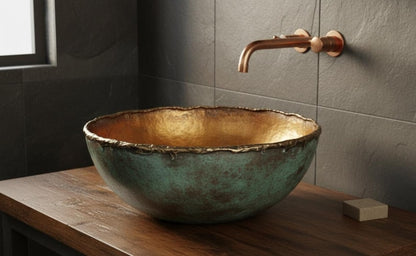 Verdigris Copper Vessel Sink with Gilded Interior